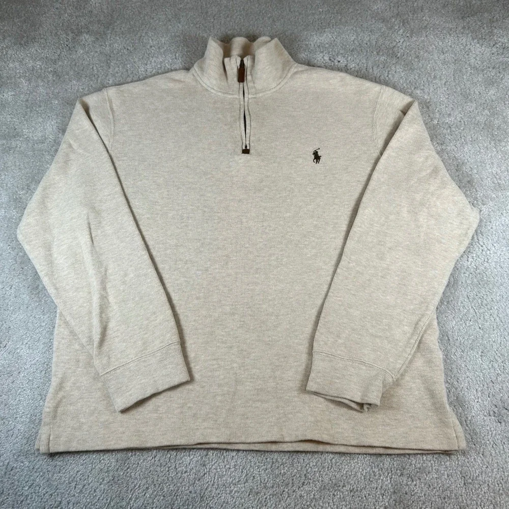 Polo Ralph Lauren Quarter Zip Pullover Mens Large Beige Ribbed Knit Cotton Pony